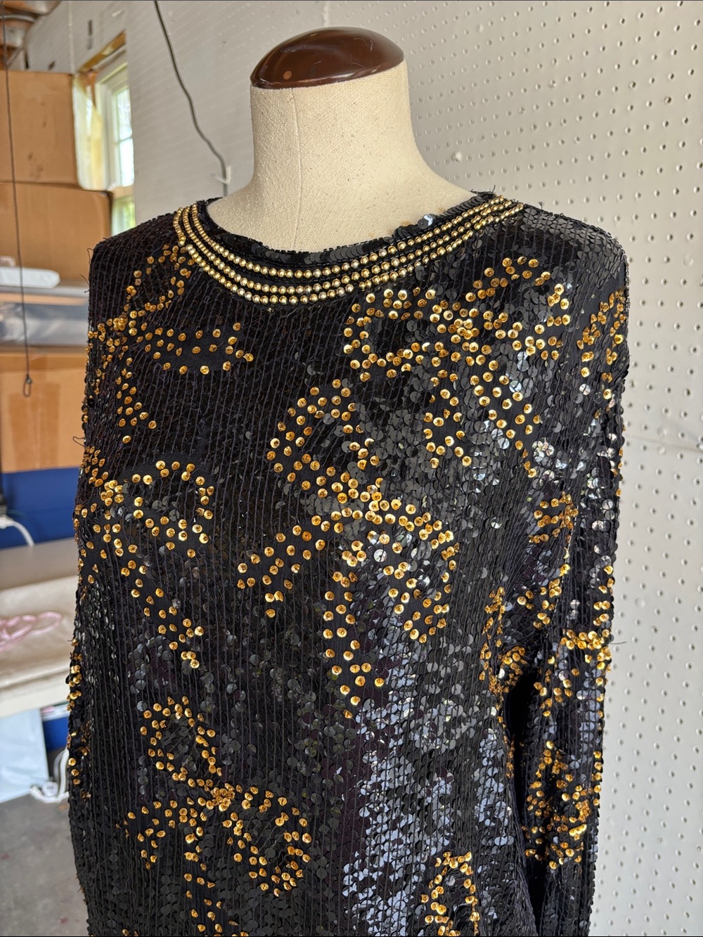 Vintage Black Sequin Blouse with Gold Stud Detailing - Picture 4 of 15